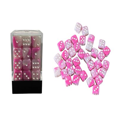 36 Dice Pack 12mm Pink & White w/White Accents Rounded Edges