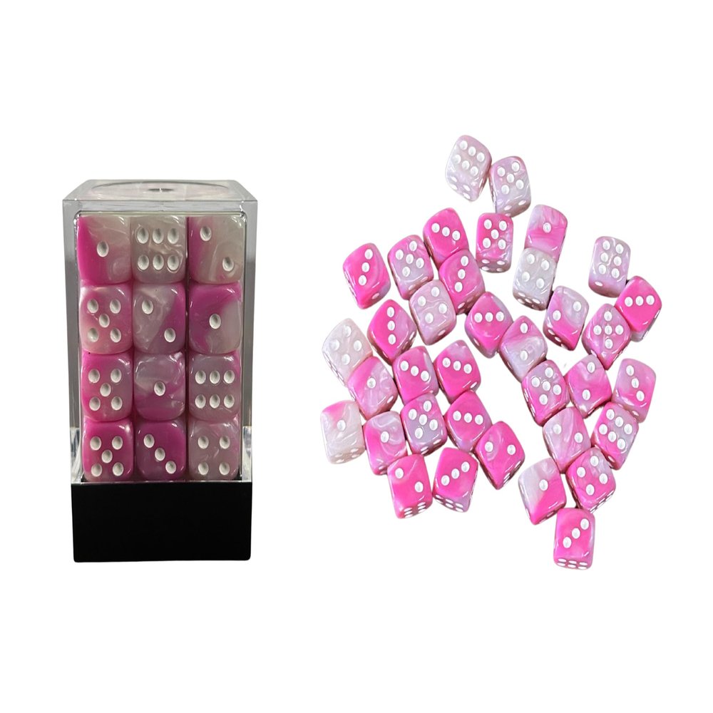 36 Dice Pack 12mm Pink & White w/White Accents Rounded Edges