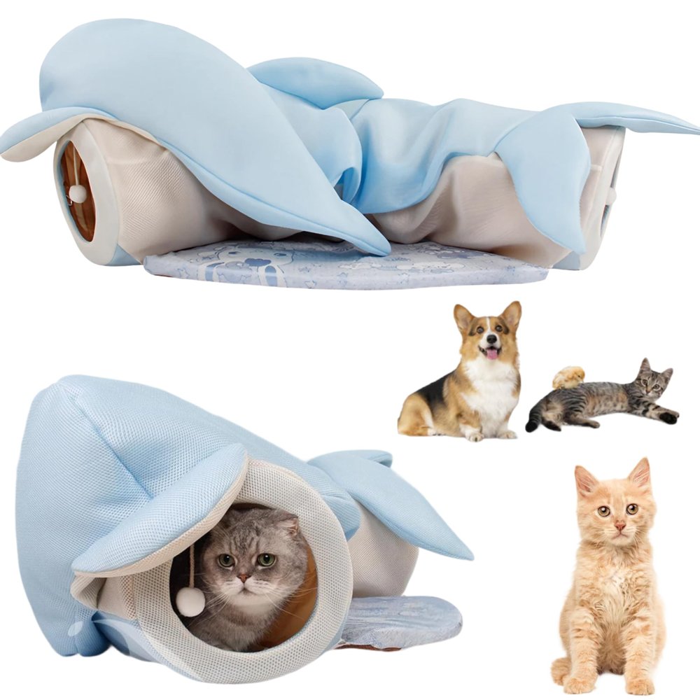 Dog Cat Tunnel Tube with Toys Foldable Detachable Washable Play Hideout Tube Cushion Rest Mat All Season S C Shape Small Medium Large Pet (Blue, One Size)