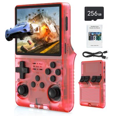 FVBADE[30000 in 1] R40S PRO Handheld Game Console 3.5 inch IPS Screen Mini Retro Console 3800mAh Portable Pocket Arcade 45+ Mainstream Emulator 256G TF Card Transparent.(Red)