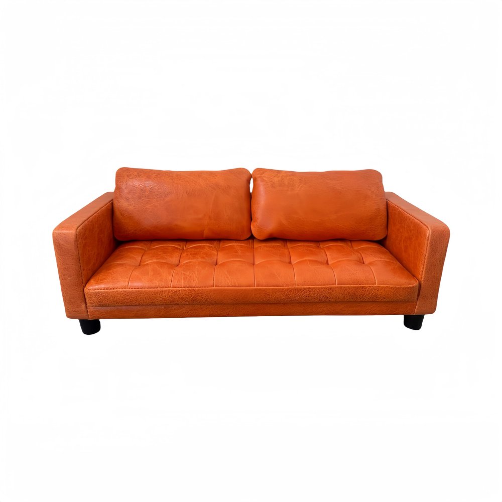 1:6 Scale Handmade Dollhouse 3-Seater Leather Sofa, Miniature Doll Sofa, Living Room Scene Model (Orange Wax)