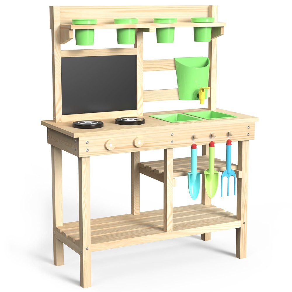Cedar Wood Outdoor Play Kitchen for Kids, Mud Kitchen with Water Faucet, Dual-Sided Chalkboard, Storage Shelves, Cups, Removable Sink, and Pretend Stove  Backyard Toddler Playset for Boys and Girls