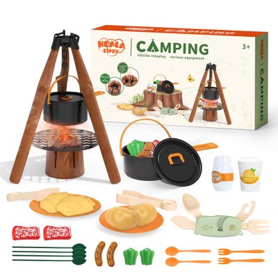 Kids Camping Toy Set, Pretend Play Cooking Set with Spray Stove, Food Toys, Tableware, Outdoor Toddler Campfire Toys for Ages 3+