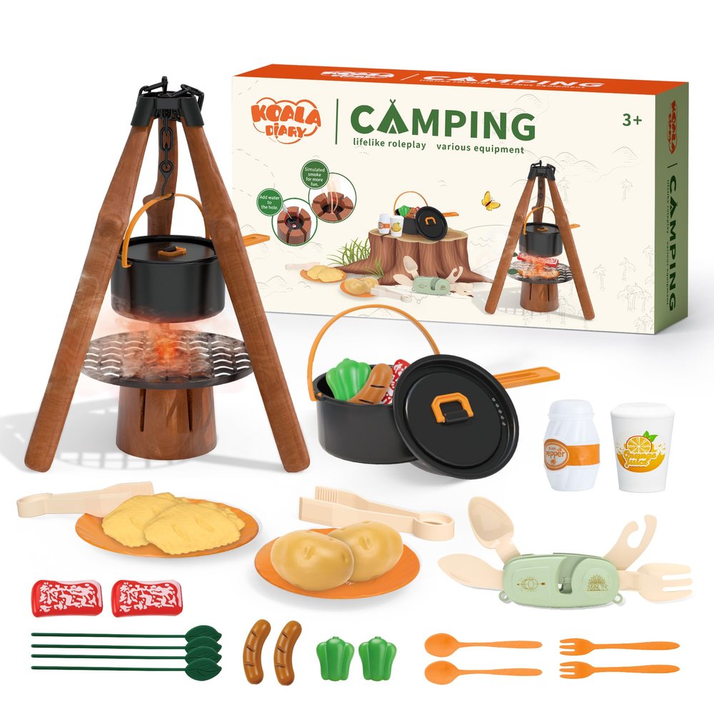 Kids Camping Toy Set, Pretend Play Cooking Set with Spray Stove, Food Toys, Tableware, Outdoor Toddler Campfire Toys for Ages 3+