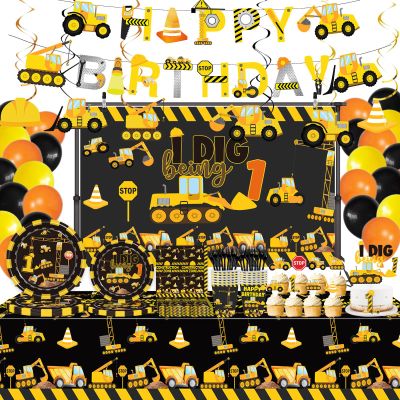 162 Pcs Construction 1st Birthday Party Supplies Dump Truck One Tableware Includes Backdrop, Hanging Swirl, Banner, Plates, Cups, Tablecloth for Boys Im Digging Being 1 Birthday Party Decorations