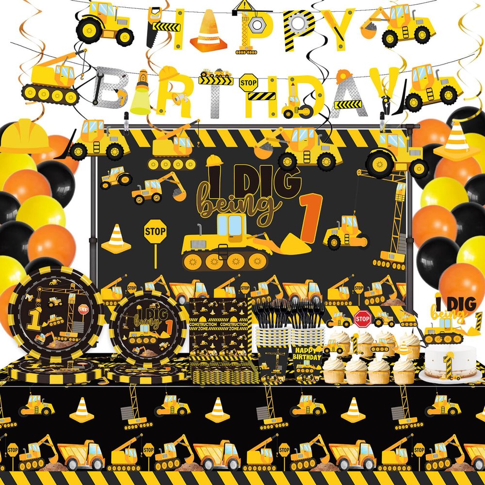 162 Pcs Construction 1st Birthday Party Supplies Dump Truck One Tableware Includes Backdrop, Hanging Swirl, Banner, Plates, Cups, Tablecloth for Boys Im Digging Being 1 Birthday Party Decorations