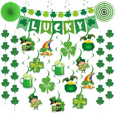36 Pcs St Patricks Day Decorations, Pre-Assembled Shamrock St Patricks Day Banner, Hanging Swirls, Shamrock Garlands for St. Patrick's Day Decor, Shamrock Decorations