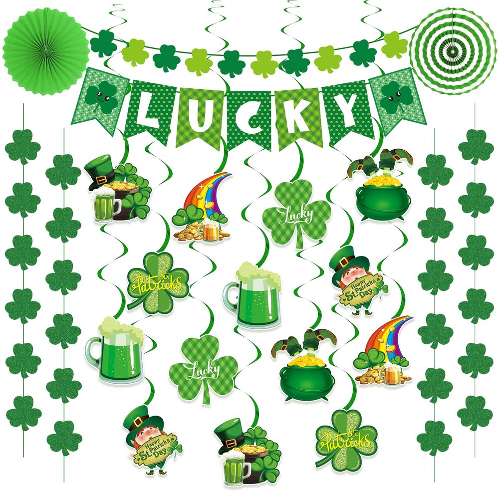 36 Pcs St Patricks Day Decorations, Pre-Assembled Shamrock St Patricks Day Banner, Hanging Swirls, Shamrock Garlands for St. Patrick's Day Decor, Shamrock Decorations