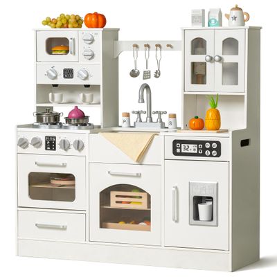 Wooden Play Kitchen for Toddlers and Kids with Lights & Sounds, Large Interactive Pretend Play Set with Ice Maker, Stove, Sink, Oven, 12 Accessories - Ages 3-8