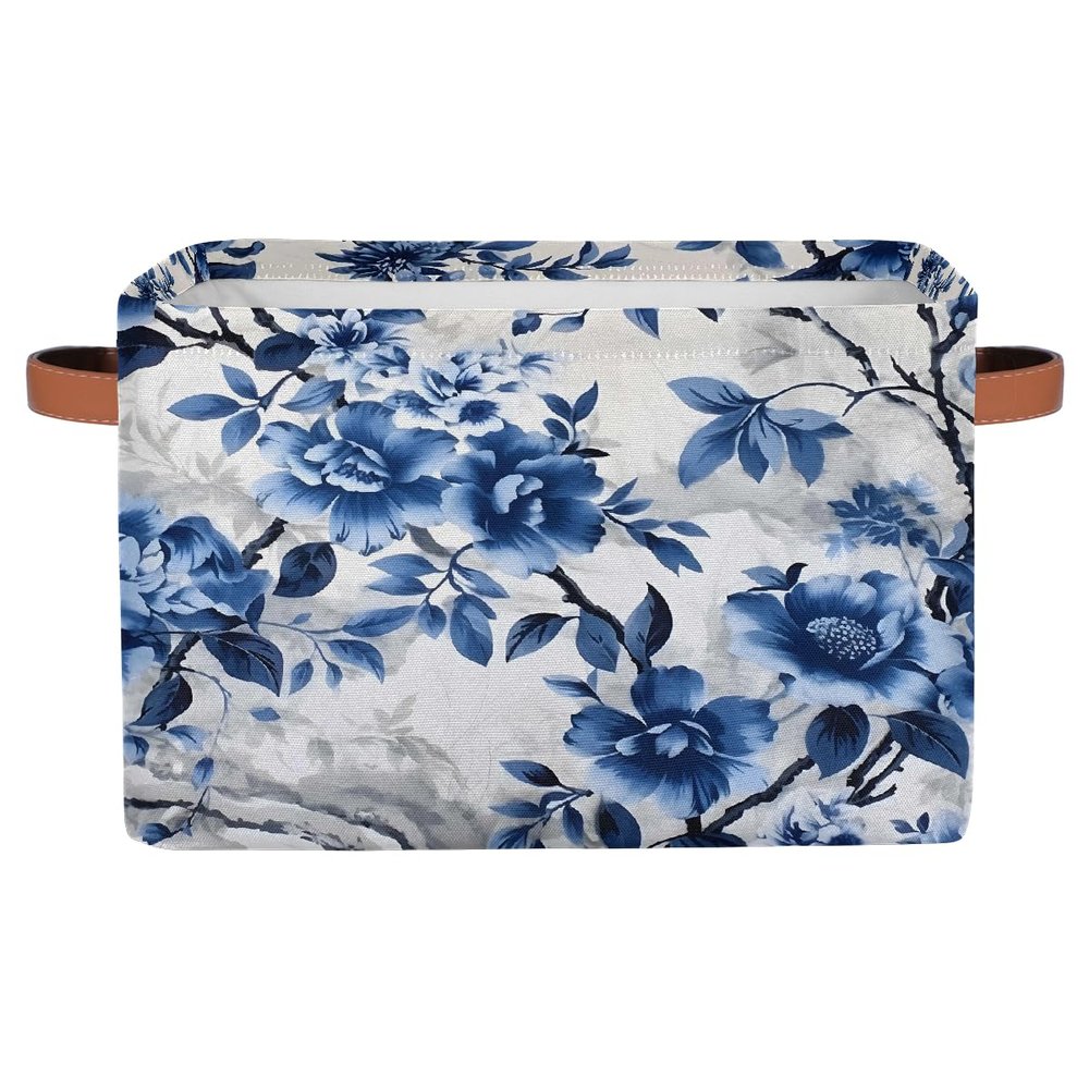 HSYOYO Blue Flower Branch Storage Basket with Handles Collapsible Storage Bins Rectangular Toy Storage Organizer Box Fabric Shelf Baskets for Nursery Bedroom Bathroom 1PC