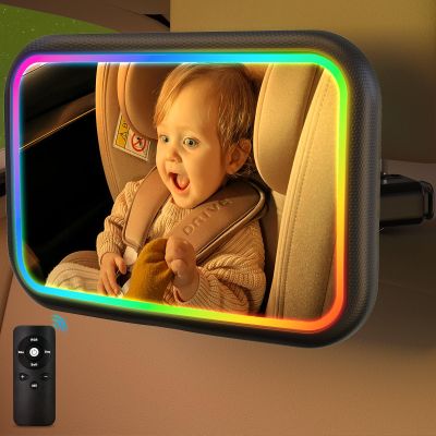 Baby Car Mirror with Light, 7 RGB Light Rear Facing Baby Car Seat Mirror with Remote Control Rechargeable 360 Rotation Hook Clip Design Wide View Shatterproof