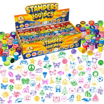 100 Pcs Assorted Stamps for Kids Self-Ink Stamps (100 Different Designs, Dinosaur, Zoo Safari, butterfly, space, ) for Party Favor, Carnival Prizes, School, Easter Egg Stuffers, Halloween, Christmas