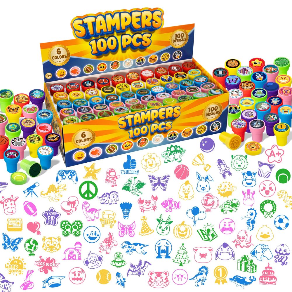 100 Pcs Assorted Stamps for Kids Self-Ink Stamps (100 Different Designs, Dinosaur, Zoo Safari, butterfly, space, ) for Party Favor, Carnival Prizes, School, Easter Egg Stuffers, Halloween, Christmas