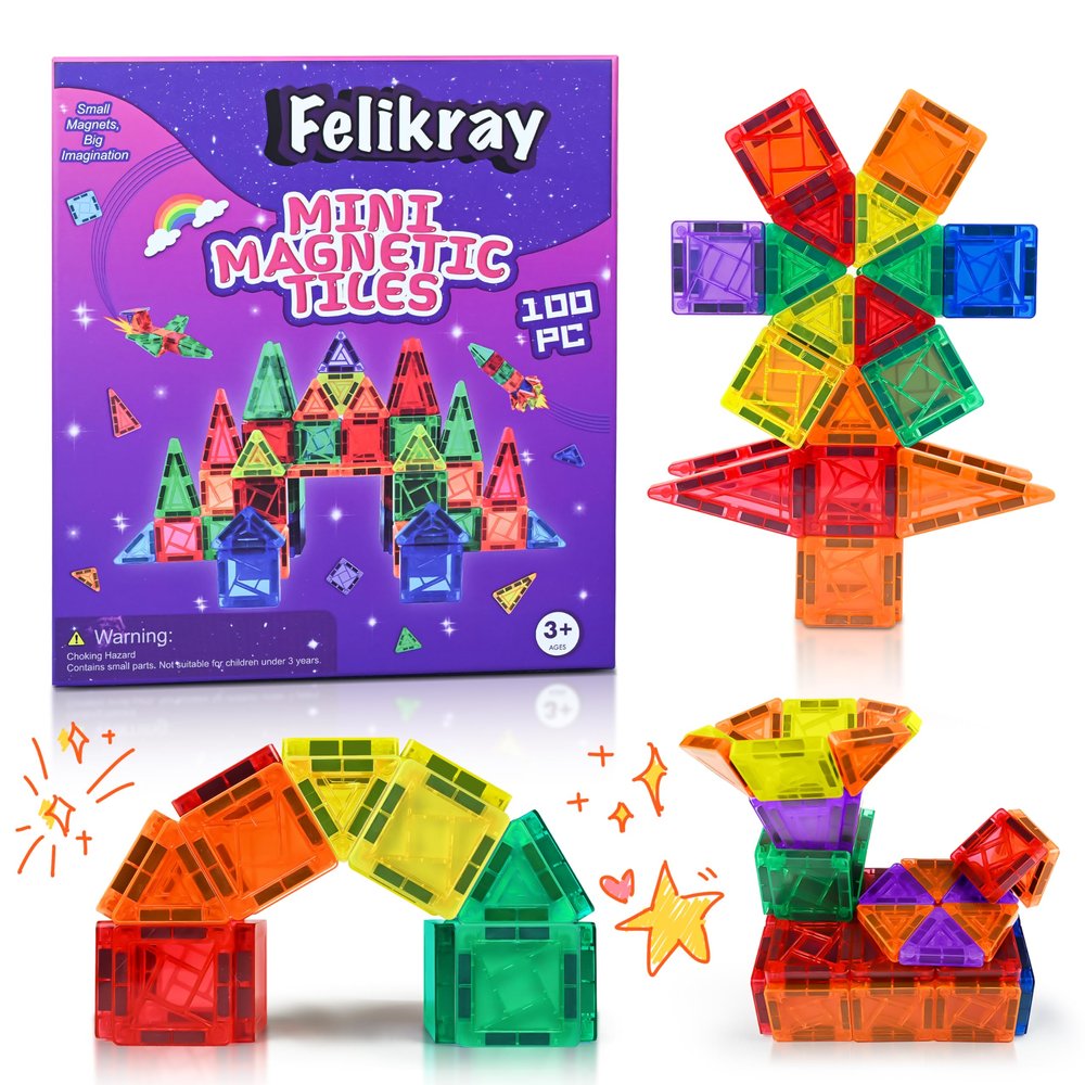Felikray 100pcs Mini Magnetic Tiles, Travel Kids Toys STEM Magnet Toy for Toddler Magnetic Blocks Building Preschool Learning Sensory Montessori Toy for 3+ Year Old Boys and Girls
