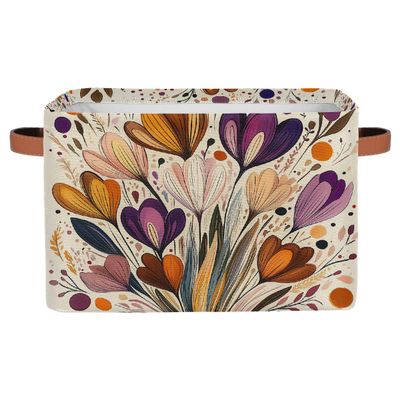 HSYOYO Boho Floral Art Storage Basket with Handles Collapsible Storage Bins Rectangular Toy Storage Organizer Box Fabric Shelf Baskets for Nursery Bedroom Bathroom 1PC