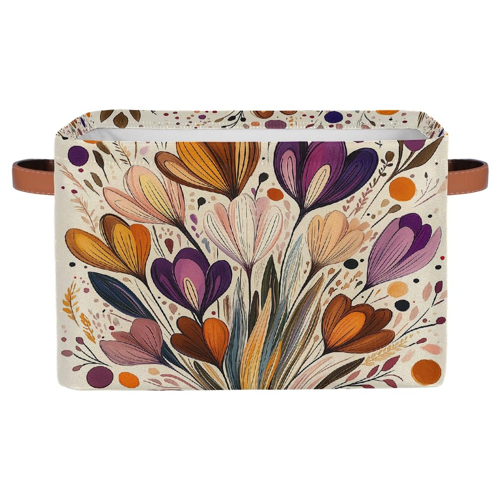 HSYOYO Boho Floral Art Storage Basket with Handles Collapsible Storage Bins Rectangular Toy Storage Organizer Box Fabric Shelf Baskets for Nursery Bedroom Bathroom 1PC