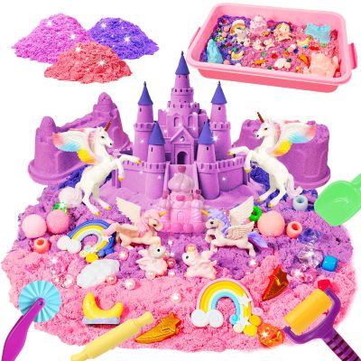 Bbiamsleep Unicorn Sensory Bin, 493 Pcs Unicorn Sensory Set with Sandbox 6 Castle Mould 9 Tools for Home Decor