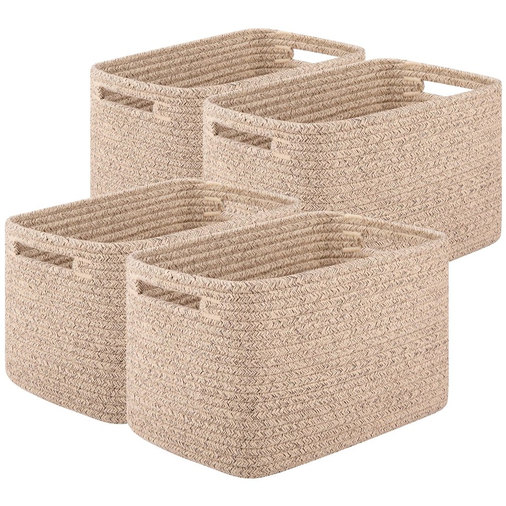 OIASKET Storage Baskets for Organizing, Woven Decorative Baskets for Shelves - Books, Towels, and Clothes, Cotton Rope Toy Storage Bins, 12.7''Lx9''Wx7.8''H, Pack of 4, Brown