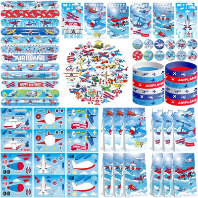 122PCS Airplane Party Favors Set, 50 Stickers, 12 Assemble Stickers, 12 Button Badges, 12 Mini Notepads, 12 Slap Bracelets, 12 Rubber Bracelets, 12 Goodie Bags for Plane Party Baby Shower Supplies