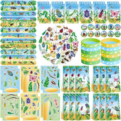 122PCS Insect Bug Party Favors Set, 50 Stickers, 12 Assemble Stickers, 12 Button Badges, 12 Mini Notepads, 12 Slap Bracelets, 12 Rubber Bracelets, 12 Goodie Bags for Garden Reptile Party Supplies