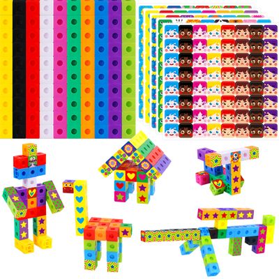 100 Math Linking Cubes, Math Cubes with 320 Reusable Stickers Manipulative Geometric Shapes Connecting and Counting Snap Blocks for Early Math & Construction, Educational Toy for Preschool, Homeschool