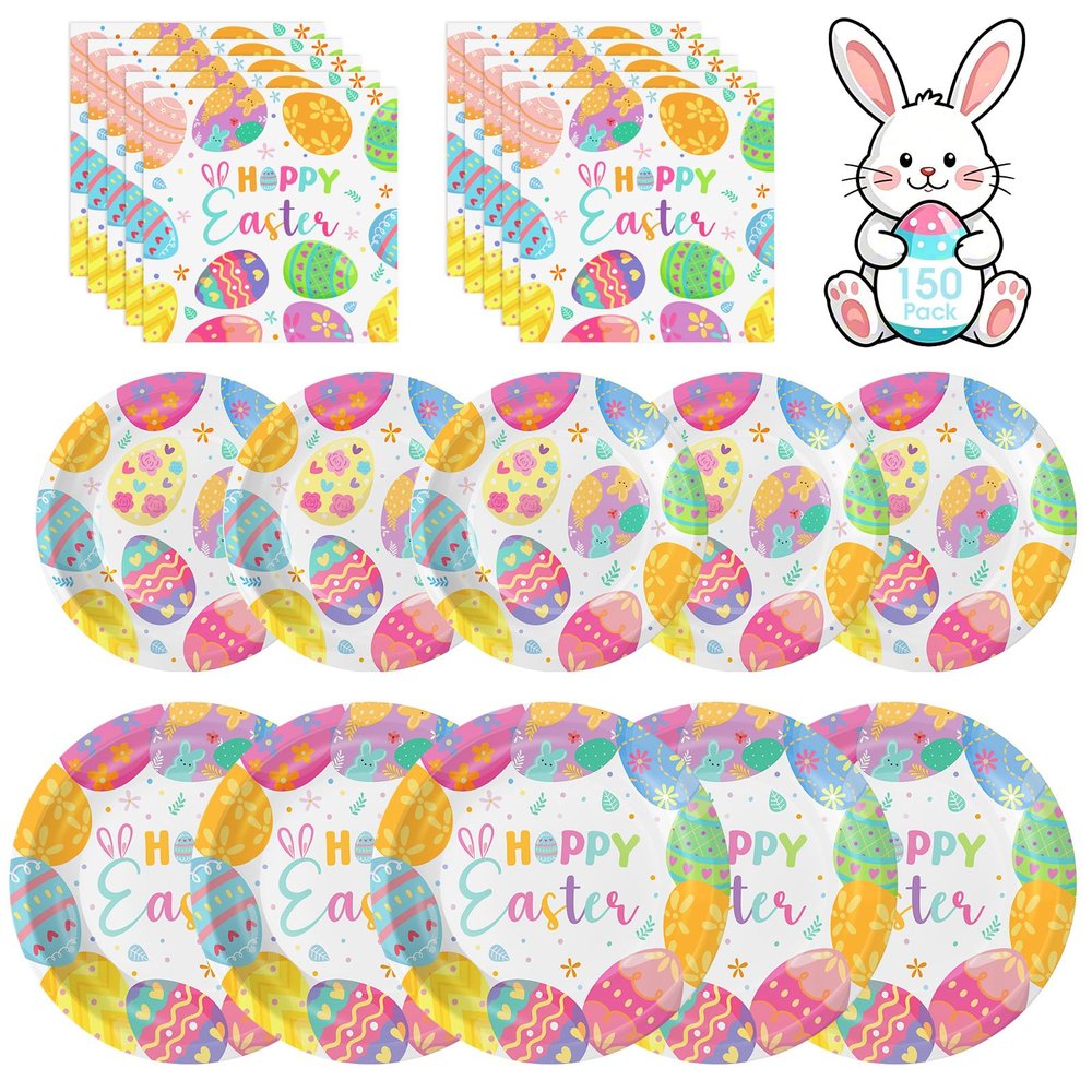 150 Pack Easter Party Supplies Set, Happy Easter Dinnerware Set Includes Heavy Duty Dessert Dinner Plates and Luncheon Napkins for Spring Birthday Party Decorations Table Decor, Serves 50