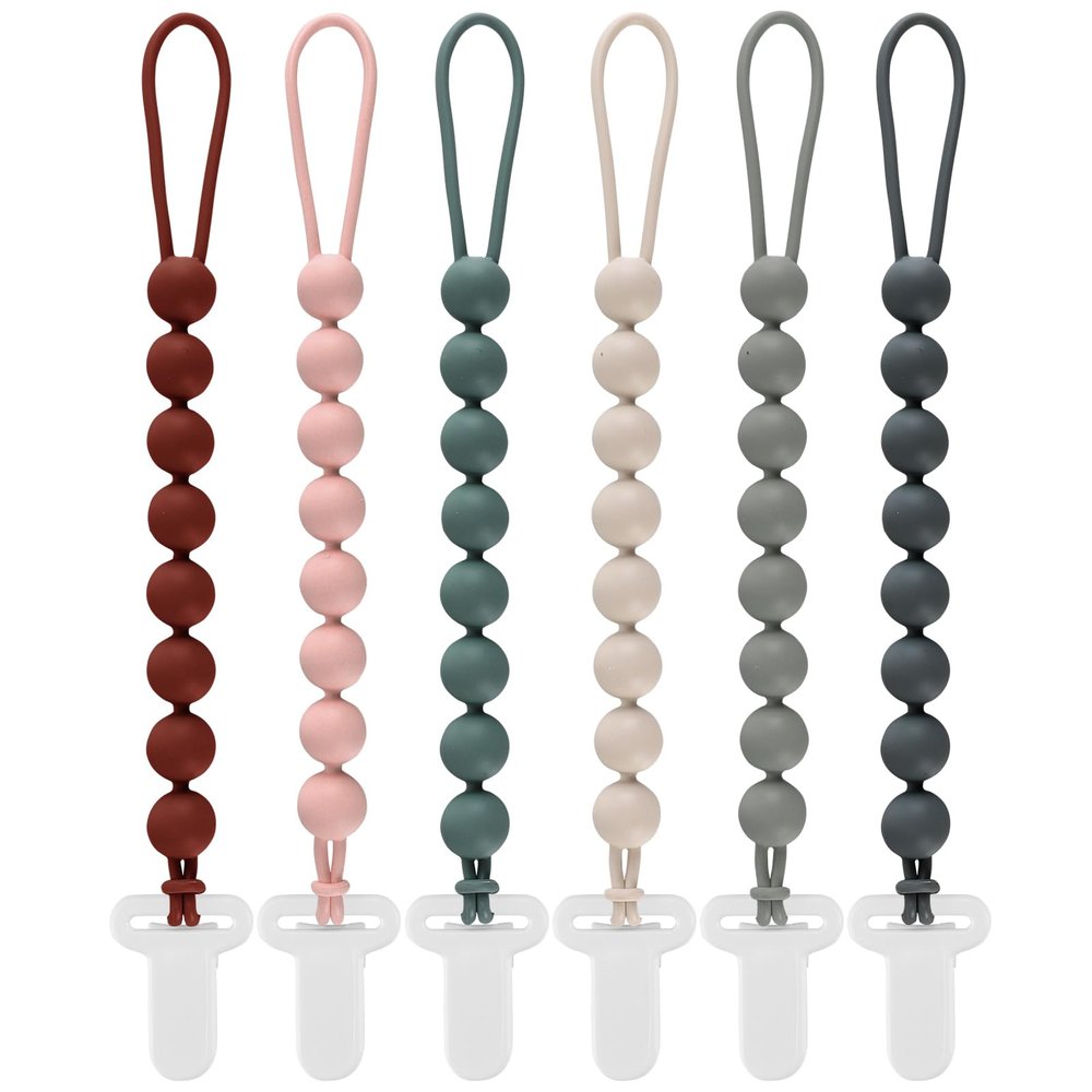 6-Pack Silicone Pacifier Clips for Babies, Safe Teething Beads, Rust-Free Holders, Baby Boy and Girl Essentials, Newborn Must-Have Accessories, BPA-Free