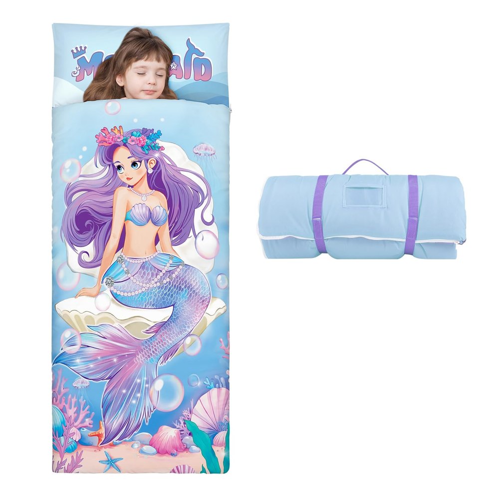 Kids Sleeping Bag Toddler Nap Mat with Removable Pillow, Large Foldable Sleeping Bag for Girls Boys, Easy Clean Slumber Bag with Double Zip for Camping School Preschool Daycare, 5924 inch