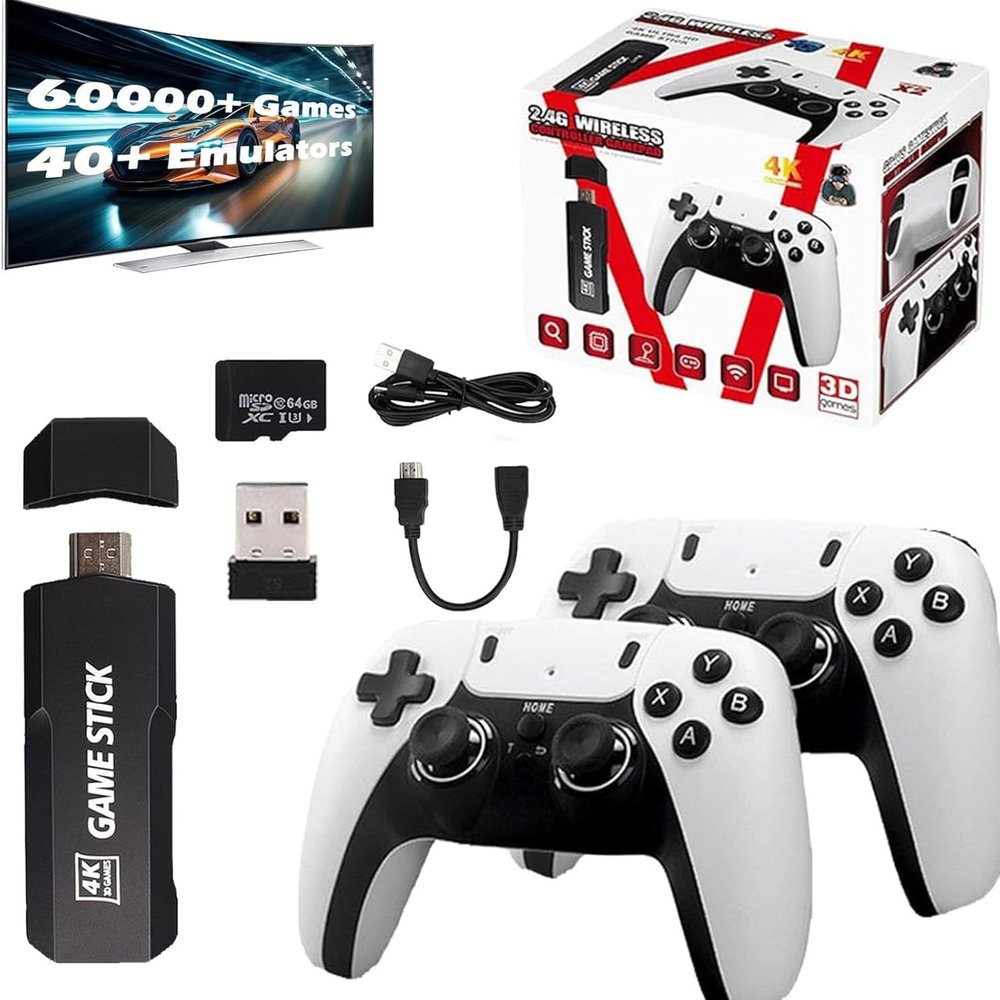 Ruelala Retro Gaming Console, Retrostick - 60,000+ Retro Games with 2 Controllers, Plug & Play TV Video Retro Gaming Stick, Wireless Retro Game Console Stick 4k HDMI Output (64G) (128G)