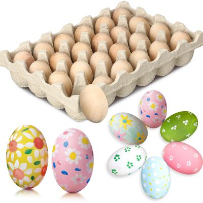 Cinnvoice 24 Pcs Easter Wooden Eggs with Natural Pulp Cartons Paintable Wood Fake Eggs for Easter Hunting Basket Stuffer Party Favor Kitchen Play and Room Decorating(Wood Color)