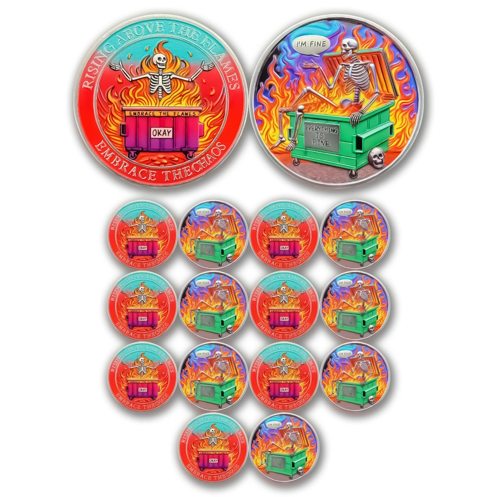 16PCS Fine - Skull Dumpster Fire Challenge Coin - The Strongest Steel is Forged Dumpster Fire Coin - Funny Desk Accessories for Work - Inspirational Gifts for Office Colleagues