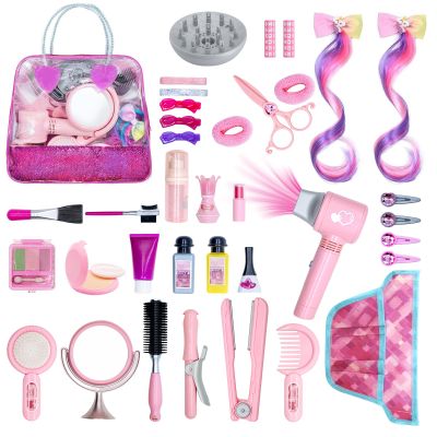Hair Salon Toys for Girls, Dress Up Beauty Hair Stylist Toy Kit with Barber Apron, Hair Dryer, Curling Iron, Mirror, Scissors and Styling Accessories