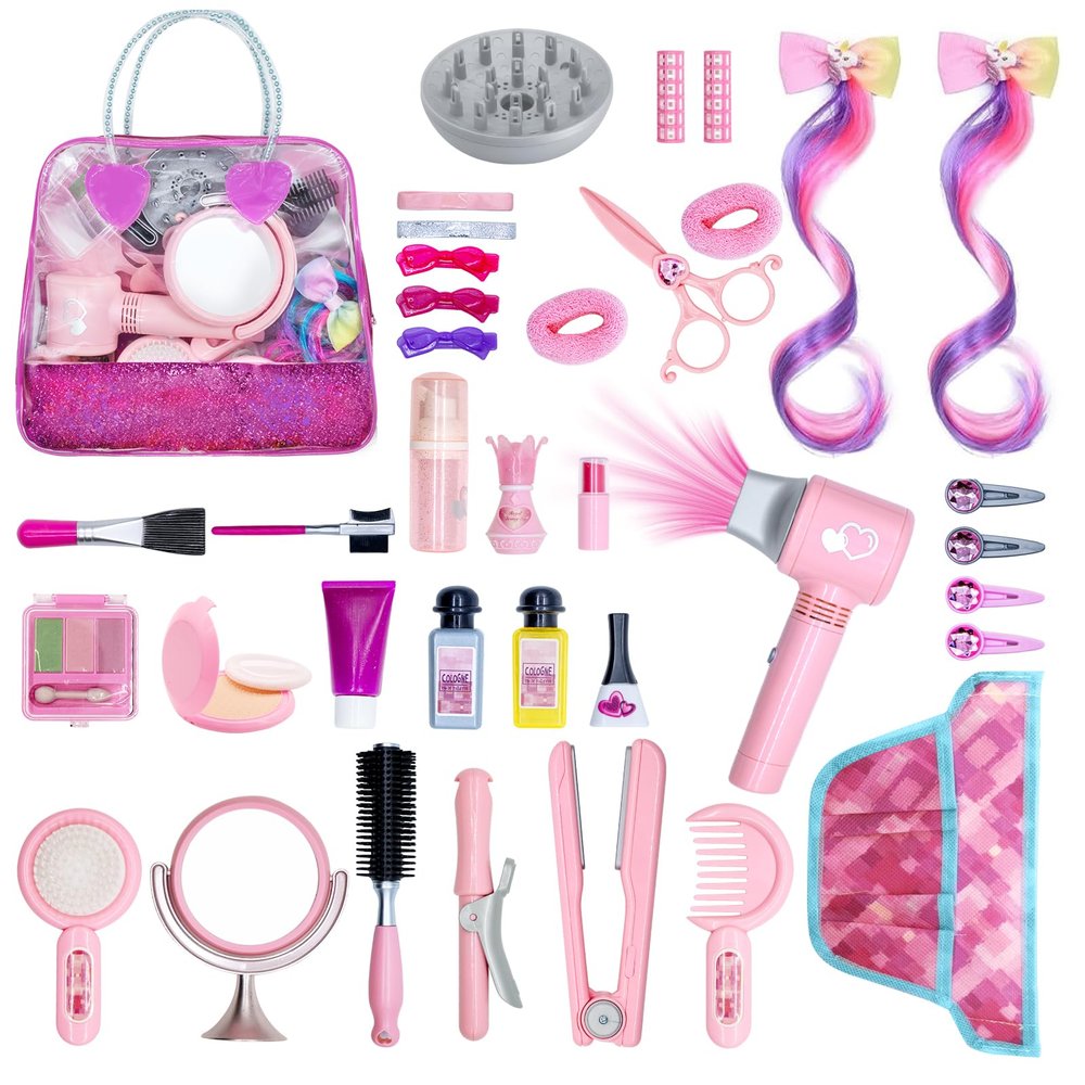 Hair Salon Toys for Girls, Dress Up Beauty Hair Stylist Toy Kit with Barber Apron, Hair Dryer, Curling Iron, Mirror, Scissors and Styling Accessories