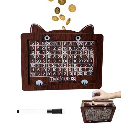 2025 New Cat-Shaped Wooden Money Saving Challenge Box, $1000 Cash Savings Box for Children or AdultsCoin Bank for Boys and Girlswith Erasable Pen