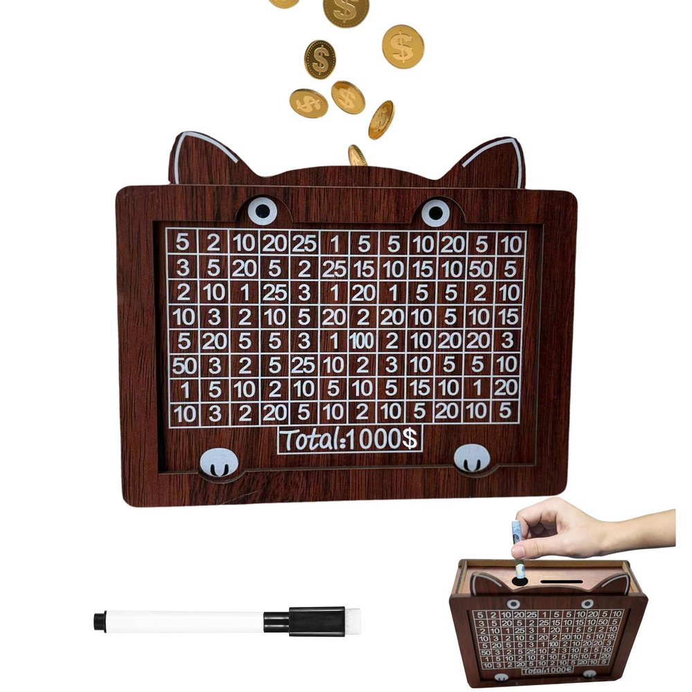 2025 New Cat-Shaped Wooden Money Saving Challenge Box, $1000 Cash Savings Box for Children or AdultsCoin Bank for Boys and Girlswith Erasable Pen