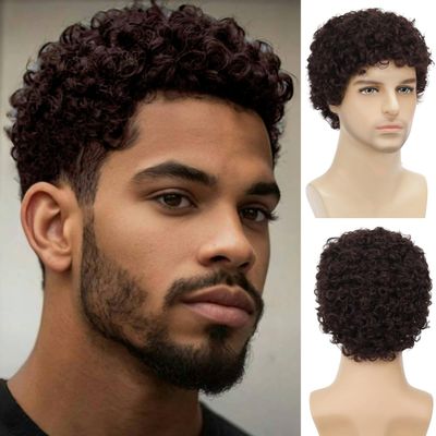 Daiaces Afro Curly Dark Brown Wig for Men Short Synthetic Halloween Cosplay Costume Replacement Hair Wigs