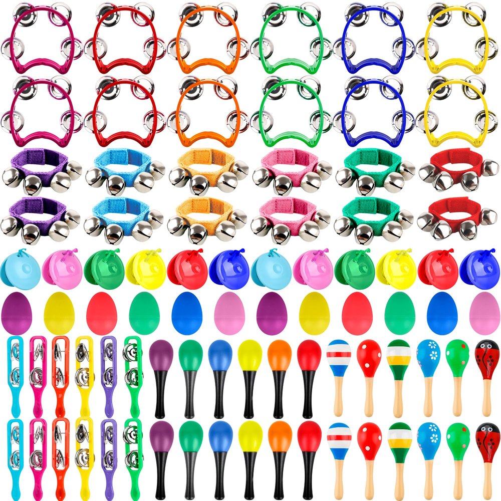 84 Pcs Shaker Musical Instruments Set including 12 Plastic Handheld Tambourine Bells 12 Colorful Cymbal 12 Egg Shaker 24 Maracas 12 Wrist Bells with 12 Castanets for Preschool Early Music Learning Toy