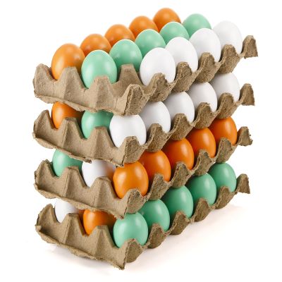 Beeveer 60 Pcs Unpainted Wooden Eggs, Sturdy Easter Eggs with Blank Natural Pulp Egg Cartons, Fake Eggs for Easter Egg Decorating, DIY Game, Kitchen Craft Adornment (White,Green,Yellow)