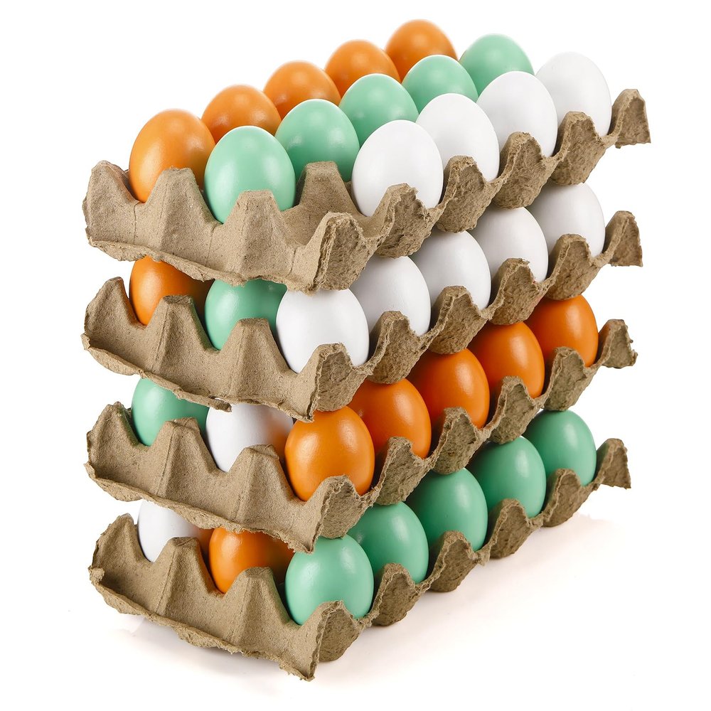 Beeveer 60 Pcs Unpainted Wooden Eggs, Sturdy Easter Eggs with Blank Natural Pulp Egg Cartons, Fake Eggs for Easter Egg Decorating, DIY Game, Kitchen Craft Adornment (White,Green,Yellow)
