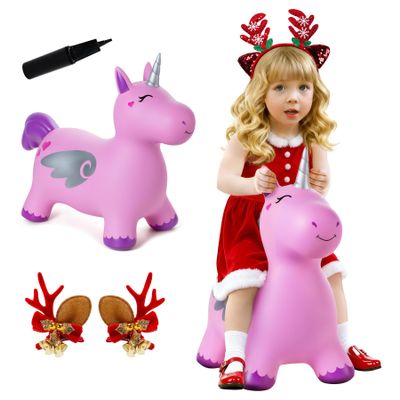 ZOOJOY Unicorn Bouncy Hopper, Inflatable Bouncy Horse Hopping Toys for Toddlers 1-3, Indoor Outdoor Bounce and Ride On Bouncer Boys Girls, Birthday with Free Christmas Accessories