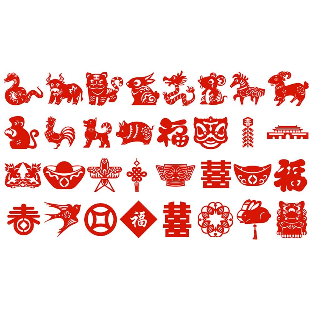30PCS Chinese Paper Cutting Kit, Red Fun Paper Art Crafts Kits for Window Decoration Spring Festival Chinese New Year Celebration Activity, Creative Handmade Paper-Cut