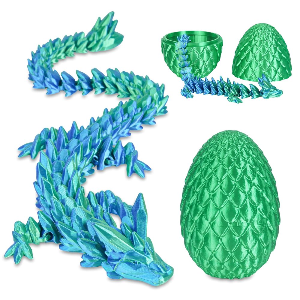 3D Printed Dragon Egg with Dragon Inside, Articulated Crystal Dragon Fidget Toy for Home Office Decor Executive Desk Toys, Easter Basket Stuffers for Adults and Kids (Laser Green, H:3.9 Inch)