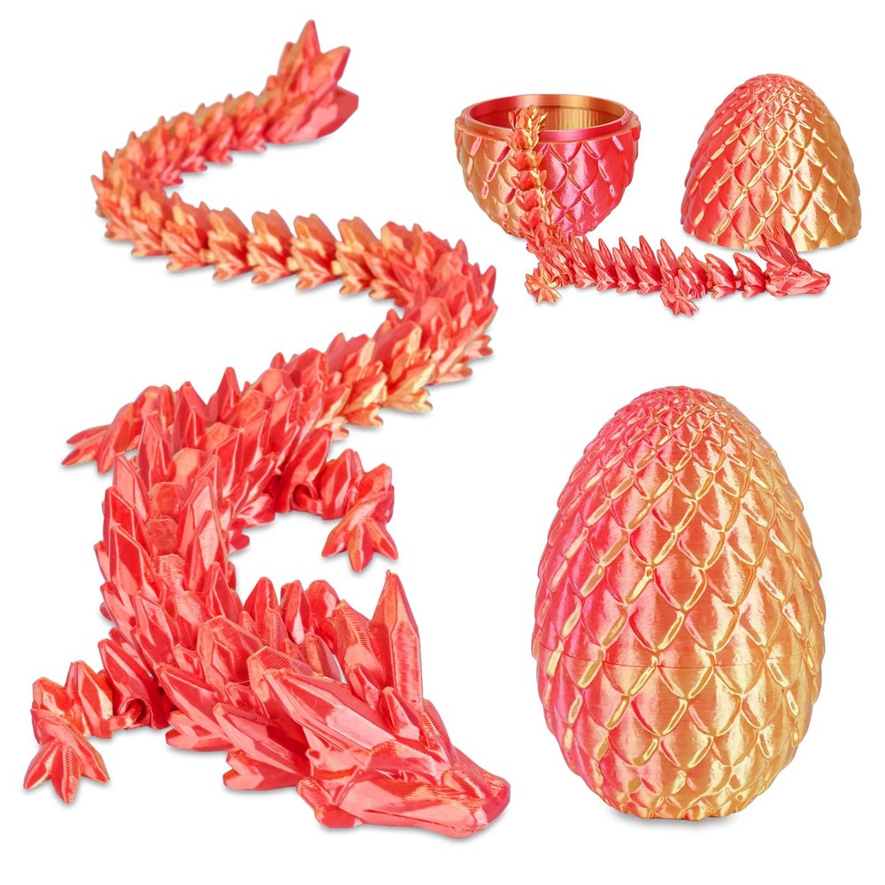 3D Printed Dragon Egg with Dragon Inside, Articulated Crystal Dragon Fidget Toy for Home Office Decor Executive Desk Toys, Easter Basket Stuffers for Adults and Kids (Laser Red, H:3.9 Inch)