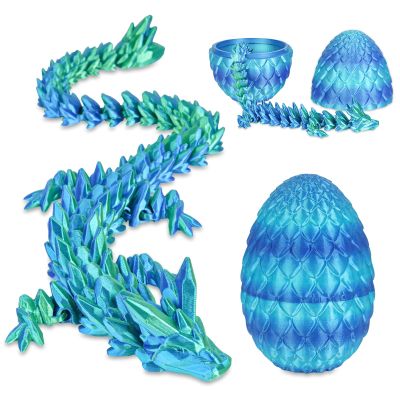 3D Printed Dragon Egg with Dragon Inside, Articulated Crystal Dragon Fidget Toy for Home Office Decor Executive Desk Toys, Easter Basket Stuffers for Adults and Kids (Ocean Blue, H:3.9 Inch)