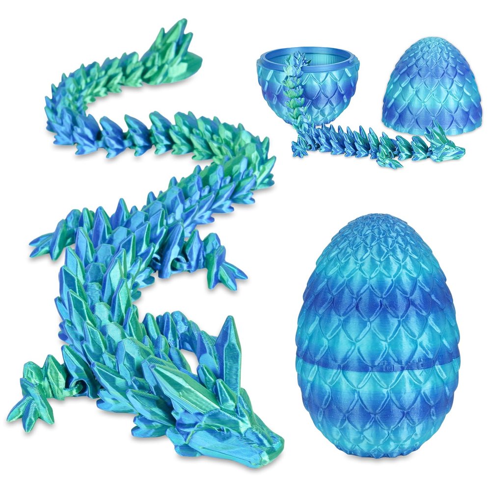3D Printed Dragon Egg with Dragon Inside, Articulated Crystal Dragon Fidget Toy for Home Office Decor Executive Desk Toys, Easter Basket Stuffers for Adults and Kids (Ocean Blue, H:3.9 Inch)