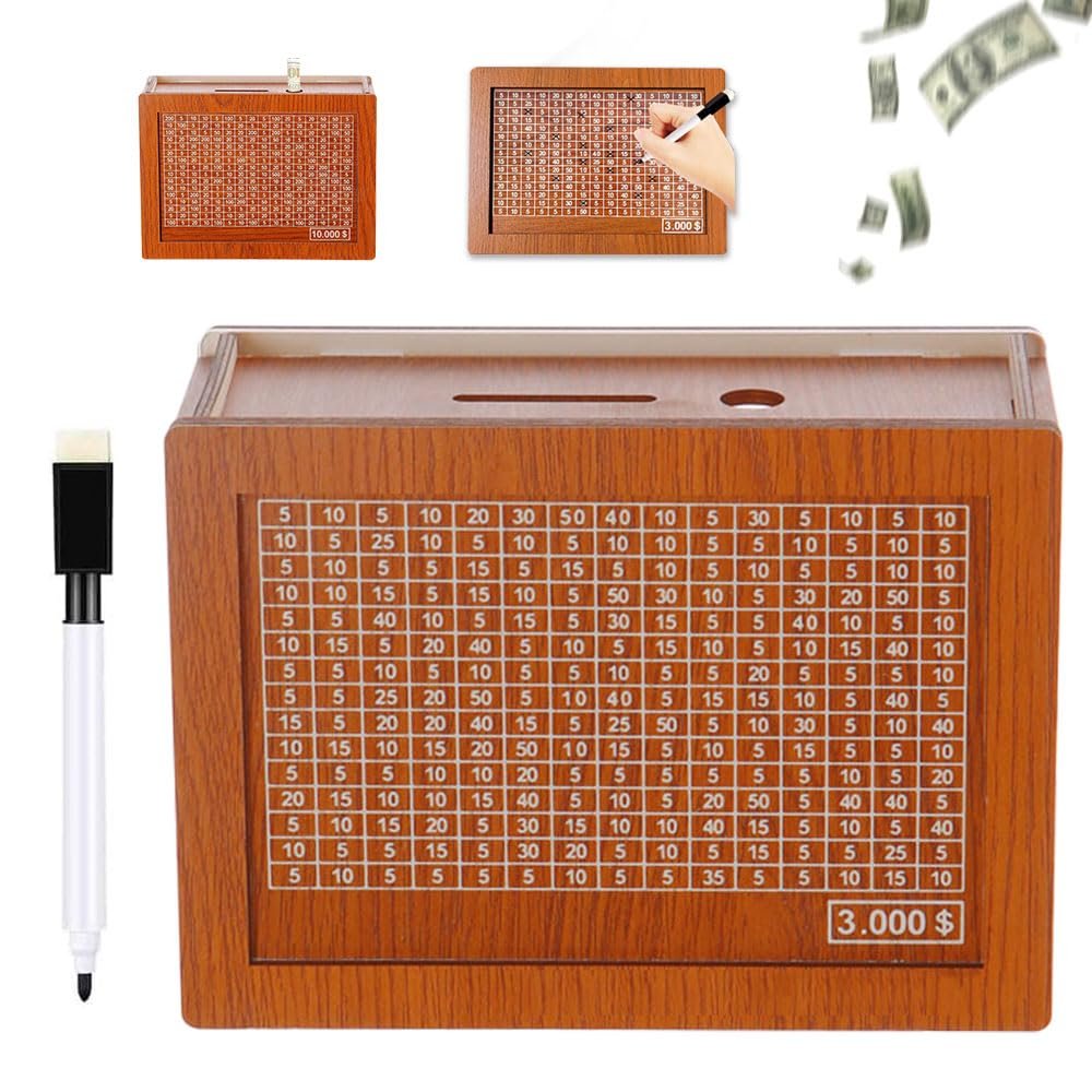 2025 New Cash Vault Wooden Savings Box, Wooden Cash Saver Money Box, Cash Saver Box, Coin Counter Piggy Bank, Money Box with Counter, Wooden Money Box with Money Target and Numbers (3000)