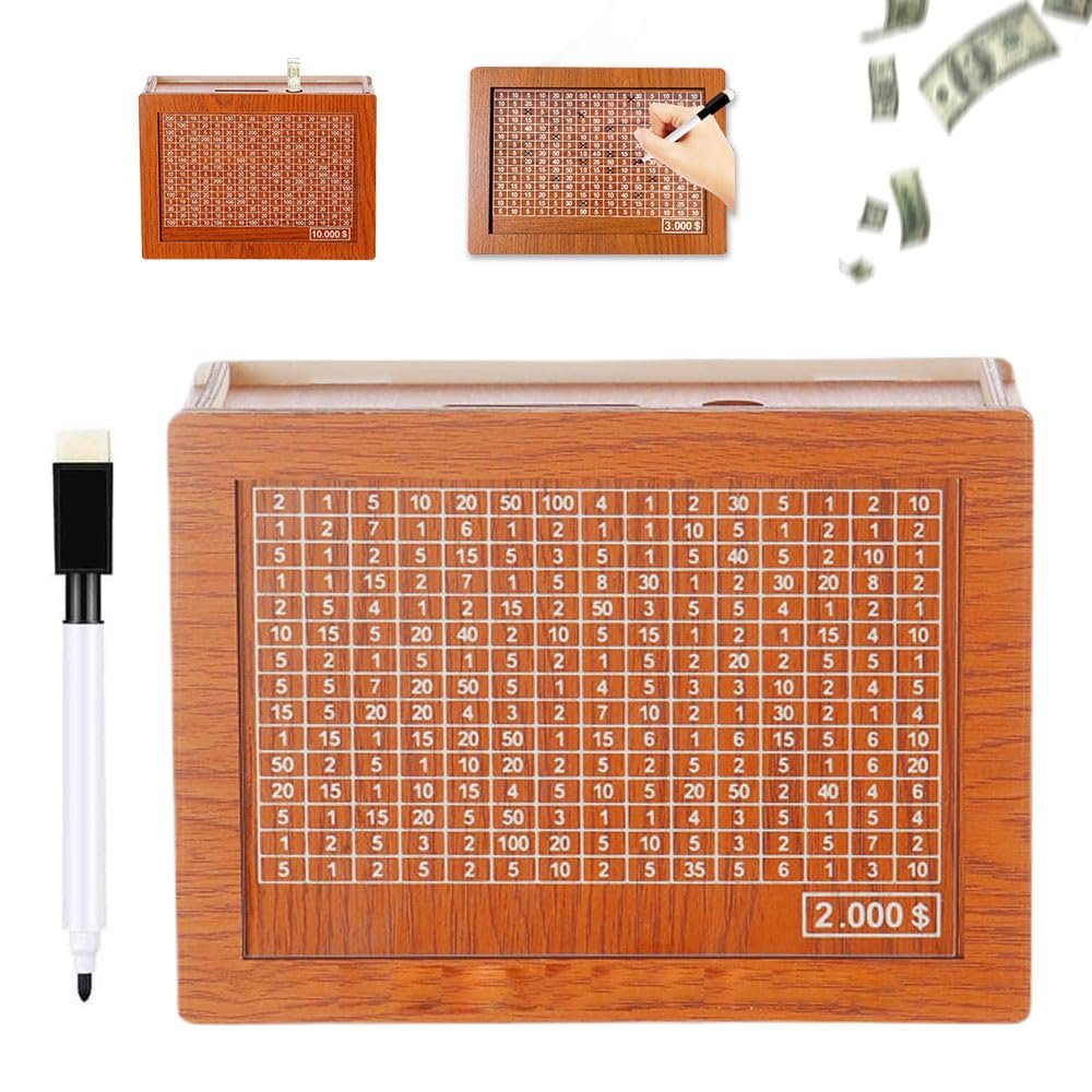 2025 New Cash Vault Wooden Savings Box, Wooden Cash Saver Money Box, Cash Saver Box, Coin Counter Piggy Bank, Money Box with Counter, Wooden Money Box with Money Target and Numbers (2000)