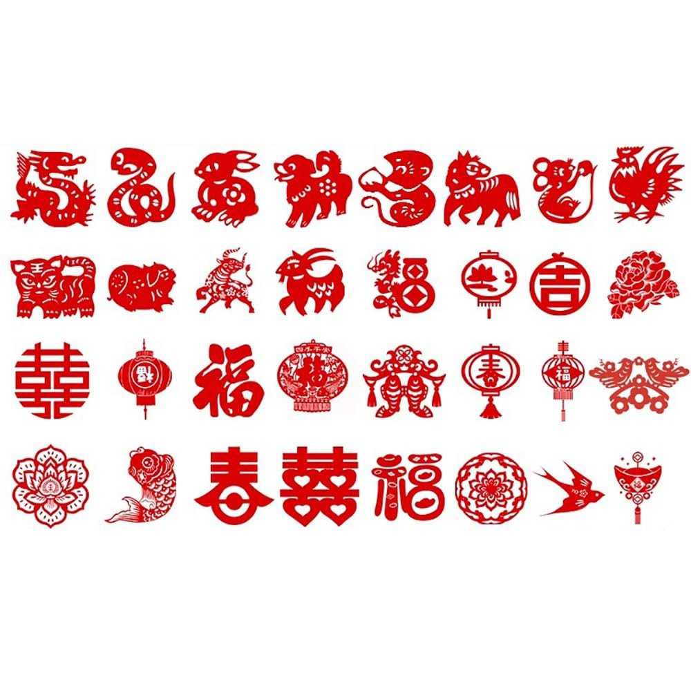 16PCS/30PCS/60PCS Chinese Paper Cutting Kit, Red Fun Paper Art Crafts Kits for Window Decoration Spring Festival Chinese New Year Celebration Activity, Creative Handmade Paper-Cut