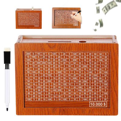 2025 New Cash Vault Wooden Savings Box, Wooden Cash Saver Money Box, Cash Saver Box, Coin Counter Piggy Bank, Money Box with Counter, Wooden Money Box with Money Target and Numbers (10000)