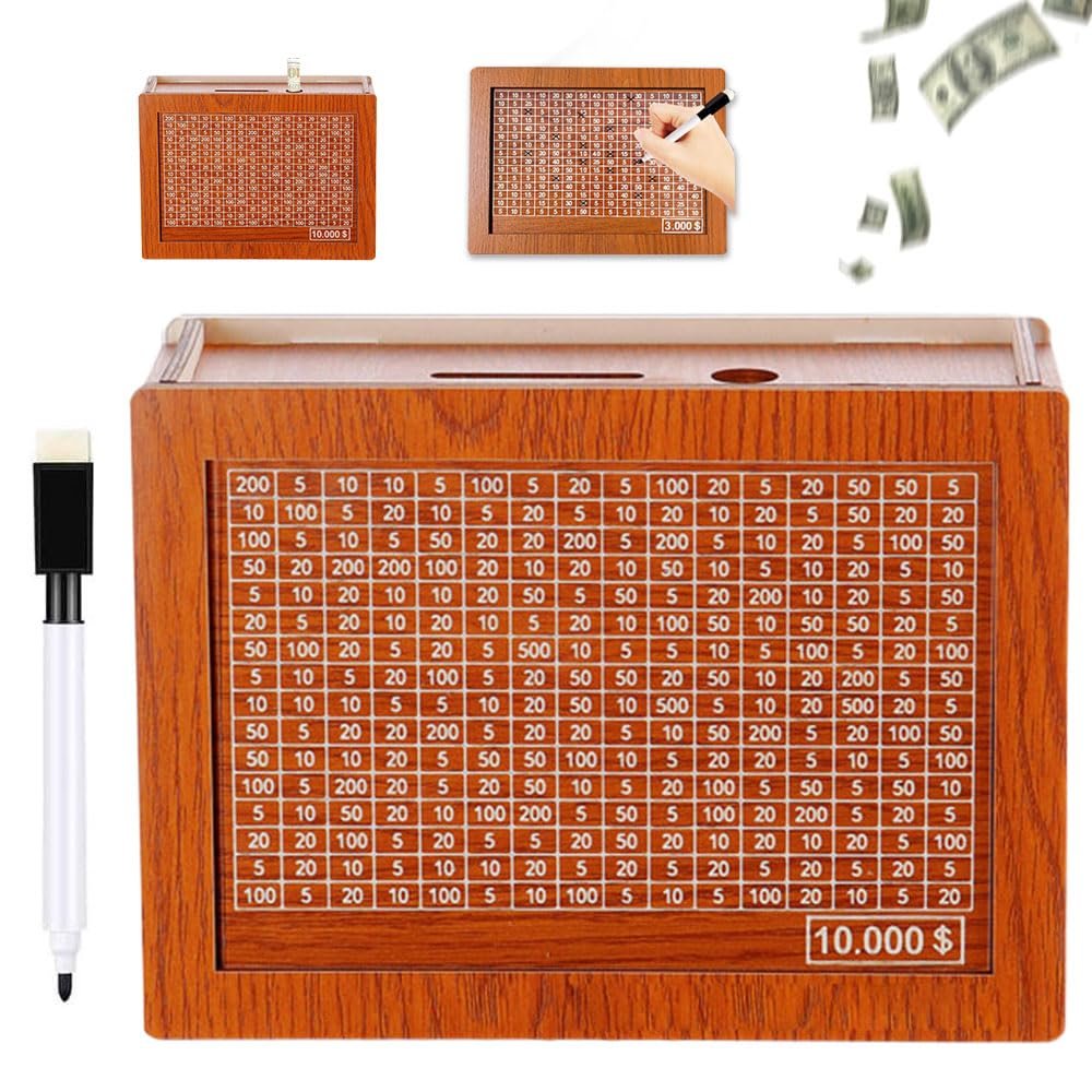 2025 New Cash Vault Wooden Savings Box, Wooden Cash Saver Money Box, Cash Saver Box, Coin Counter Piggy Bank, Money Box with Counter, Wooden Money Box with Money Target and Numbers (10000)